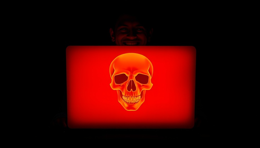 Digital art of a skull on a red laptop with a smiling person.