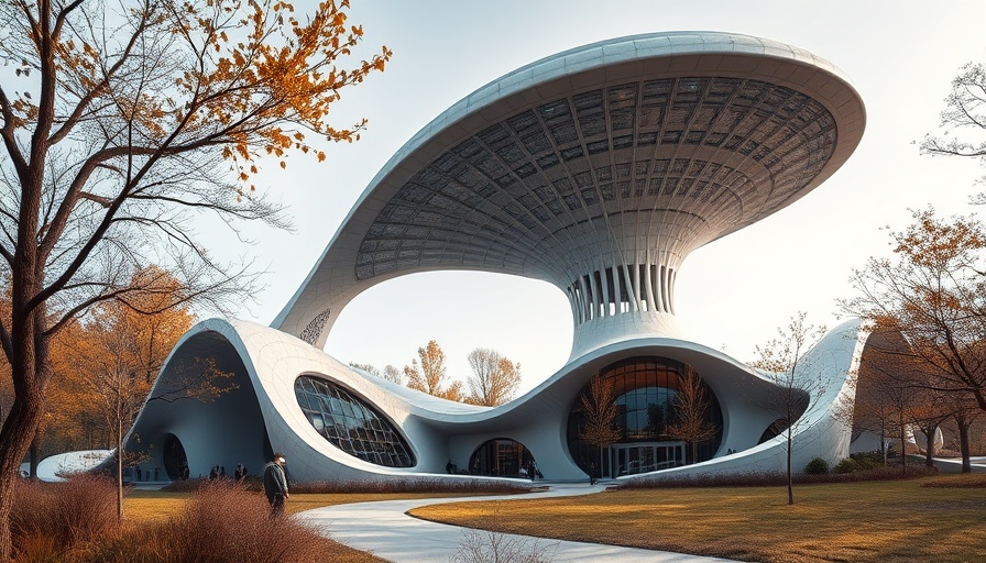 AI in architecture: futuristic structure in natural landscape.