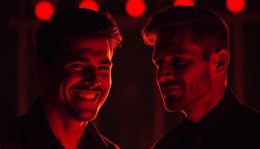 Contrasting emotions between two men, dark background, cinematic style.