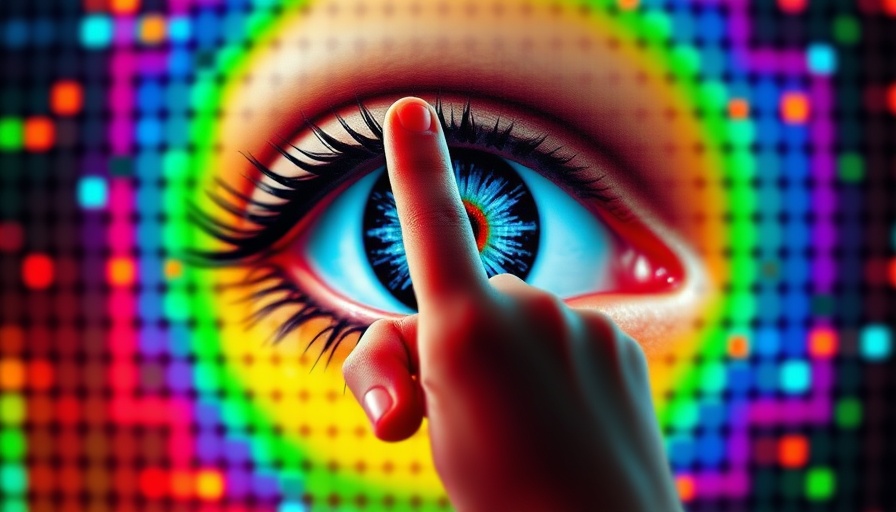 Pixelated eye illusion with digital hand cursor in new color Olo