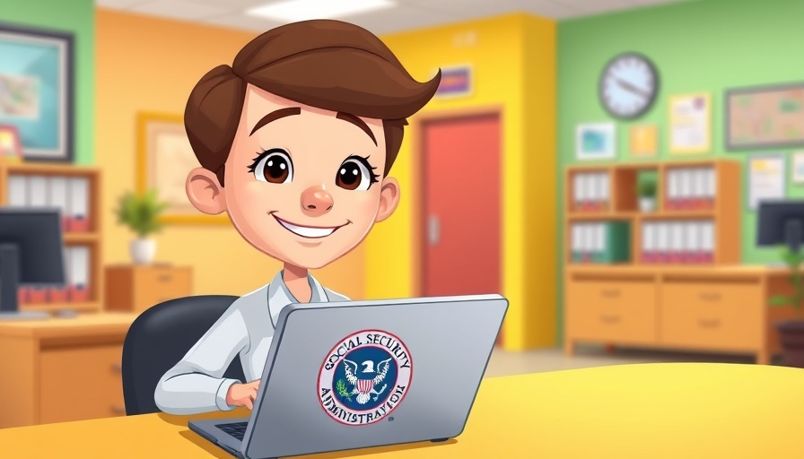 Cartoon character using laptop with Social Security Administration logo, bright office.