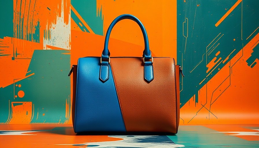 Colorful designer handbag contrasting tones, abstract background.
