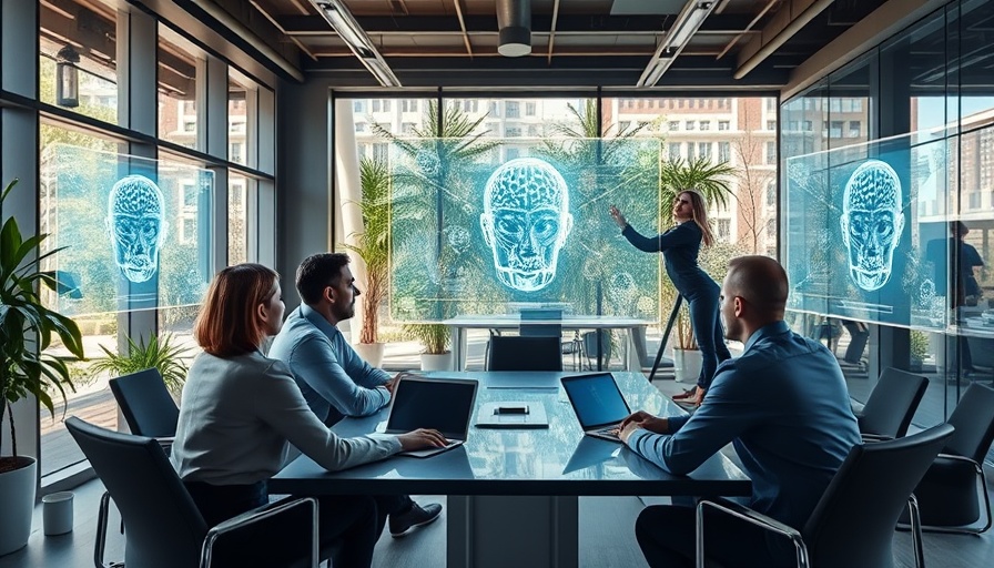 Business meeting with AI projections in a modern office setting.
