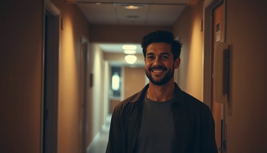 Casual man smiling in dimly lit hallway, cinematic photo.