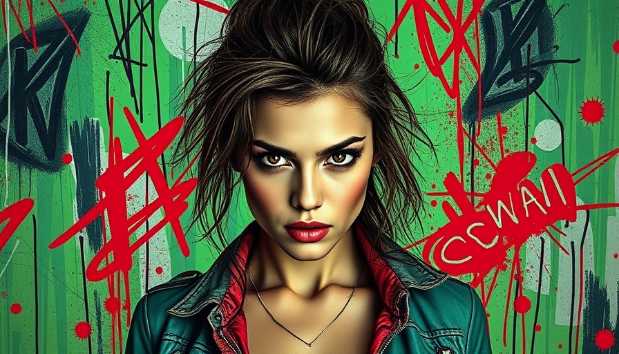 Edgy graphic portrait woman with vibrant abstract chaos