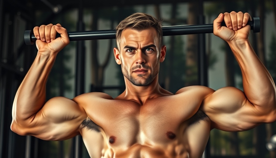 Muscular man doing pull-ups in a forest-themed gym.