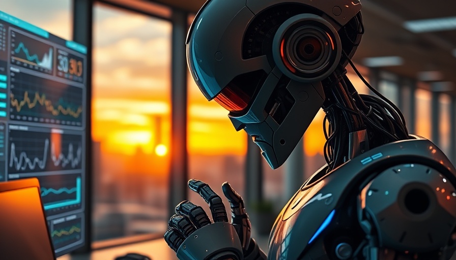 Futuristic robot analyzing data screens in a modern office, real-time data for AI projects.