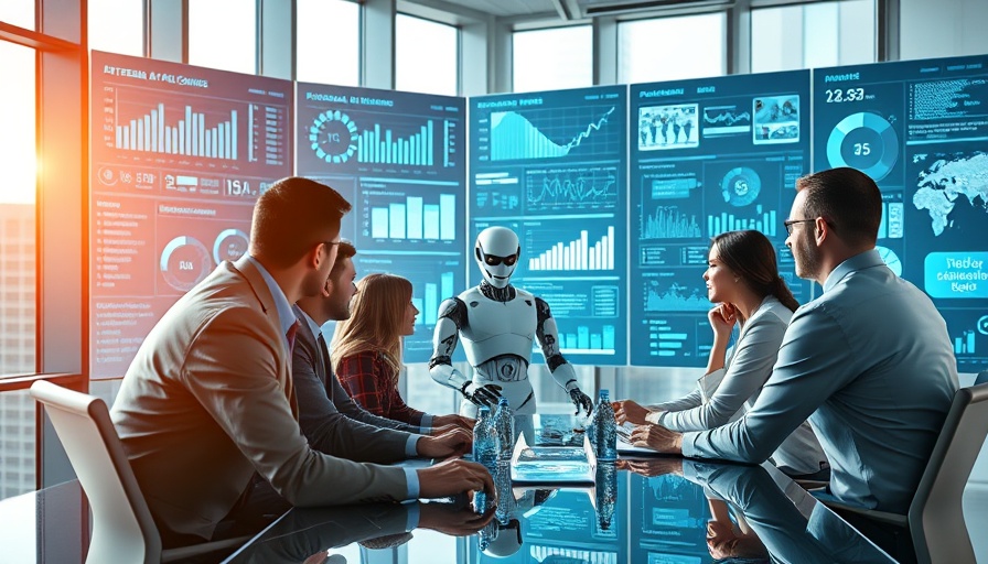 Futuristic meeting on AI KPI management in modern office.