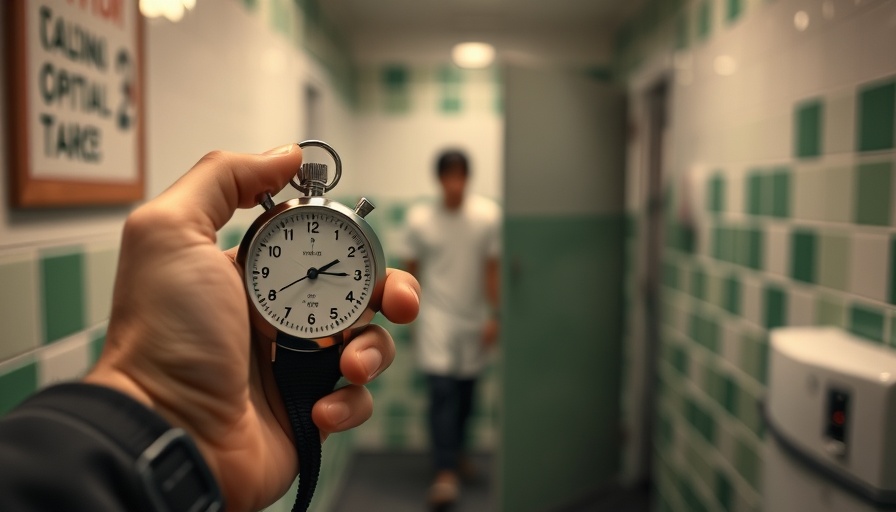 SpaceX employee bathroom break lawsuit illustration with stopwatch in restroom.