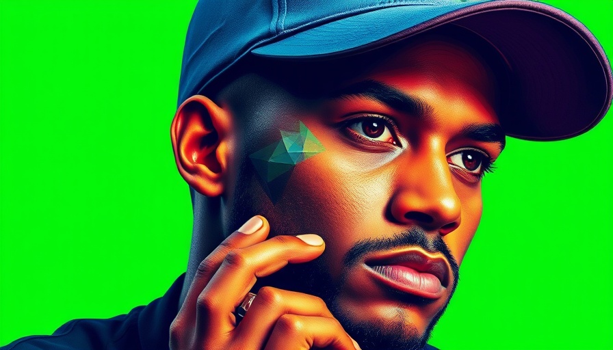 Artistic collage of a man with geometric segments, bright green background.