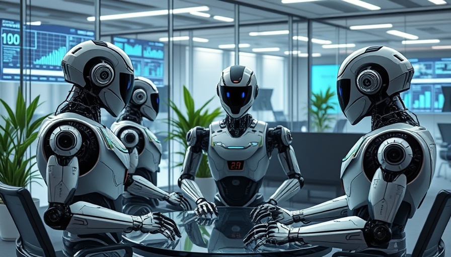 Humanoid robots in a futuristic office, discussing AI-driven tone adjustment.