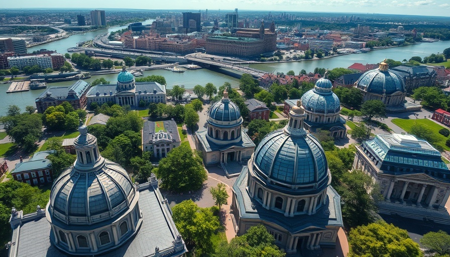 Aerial view of MIT campus with Boston skyline, vibrant and detailed.