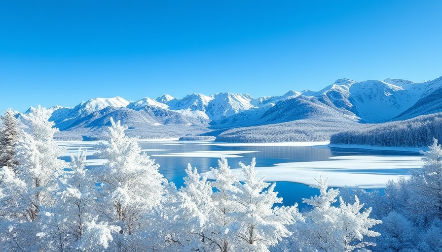 Winter landscape of snow-covered lake and mountains for snowpack temperature monitoring.
