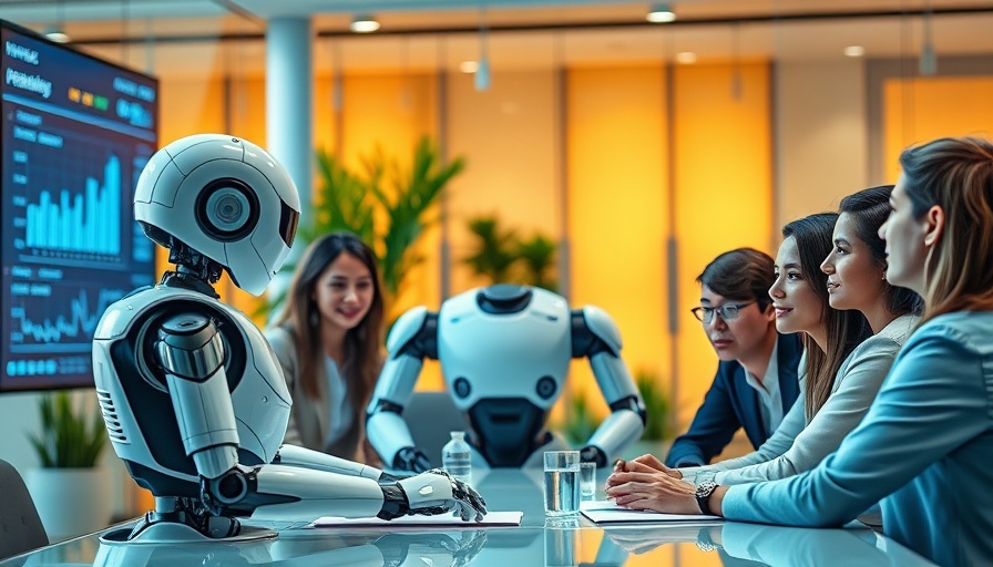 AI-Powered Goal Management meeting with robot and diverse team.
