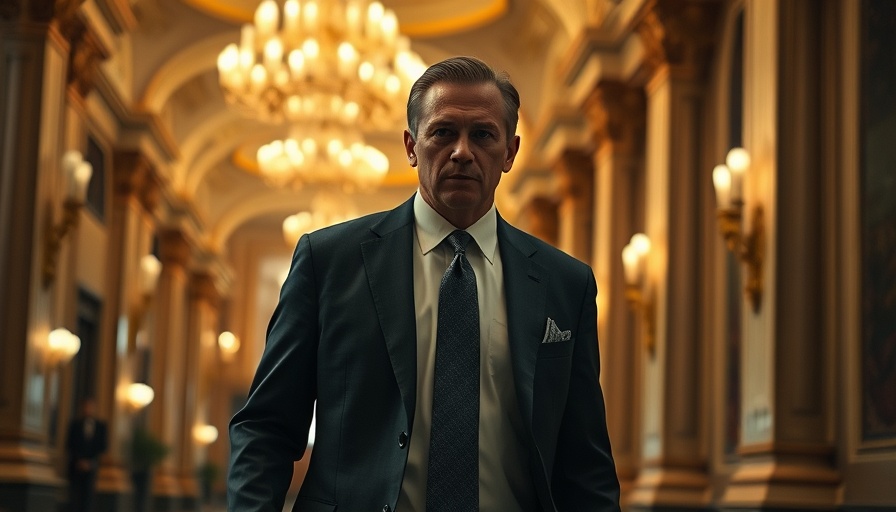 Prominent individual walking in opulent interior, serious expression.