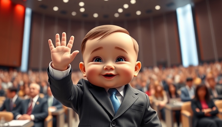 AI baby versions of world leaders at summit screen.