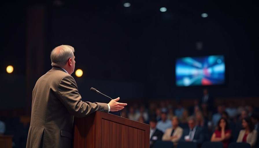 Speaker at a conference podium discussing crowdsourced fact-checking.