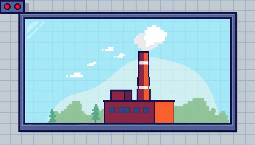 Digital pixel art of smoking chimney in computer window, AI energy consumption concept.