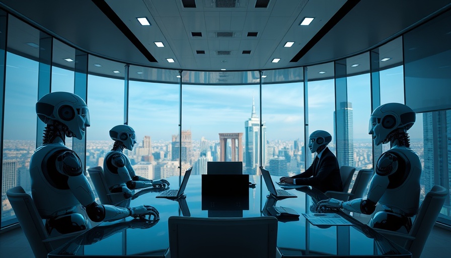 AI in Procurement: Futuristic office meeting with robots and humans.
