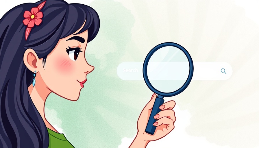 Cartoon woman with magnifying glass examining AI-powered e-commerce search.