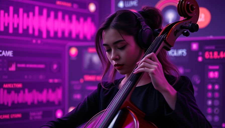 AI connects vision and sound: Woman playing cello in a digital ambiance.