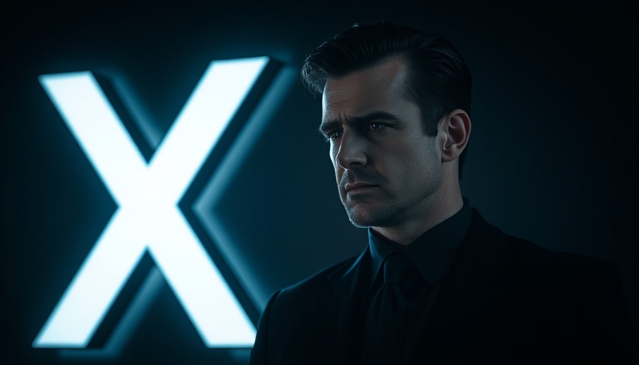 Serious man beside glowing X logo in dark setting.