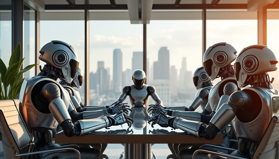 Futuristic robots discussing Ethical AI Text Generation in a sunlit office.