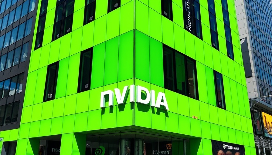 Dramatic Nvidia building with logo in green, bold digital art style.