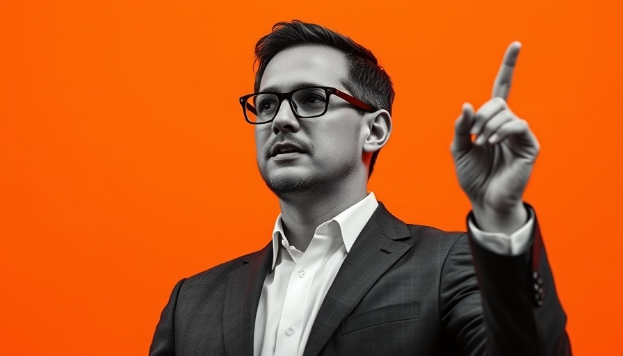 Confident speaker gesturing during a talk on AI Agents Transform Work.