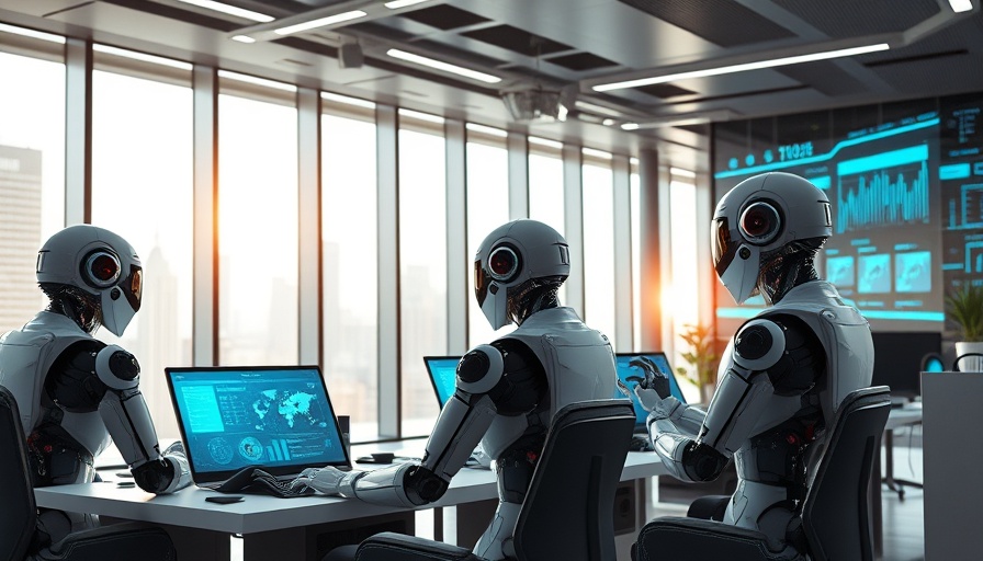 Futuristic AI workspace with robots and humans working together on knowledge bases.