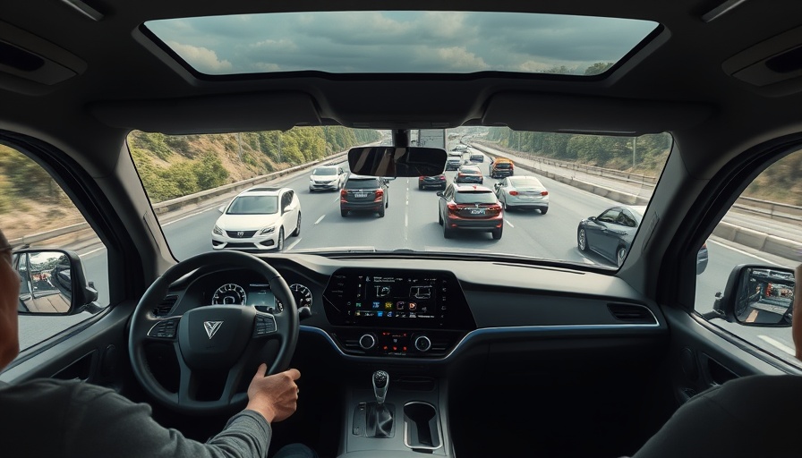 Interior of self-driving truck on highway with visible tech dashboard.