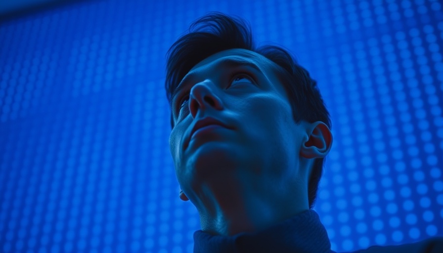 Pensive individual in blue-lit room with abstract wall pattern.