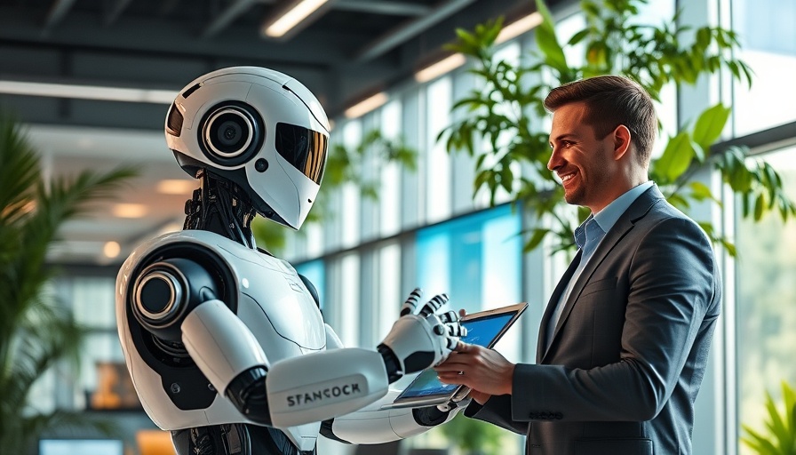 AI-powered customer support robot interacting in modern office.