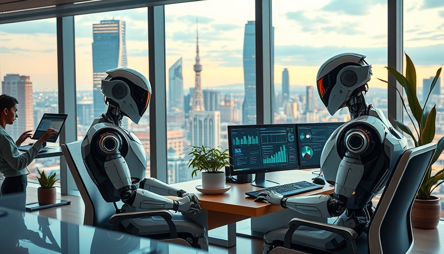 Robots working in a futuristic office on compliance workflow automation.