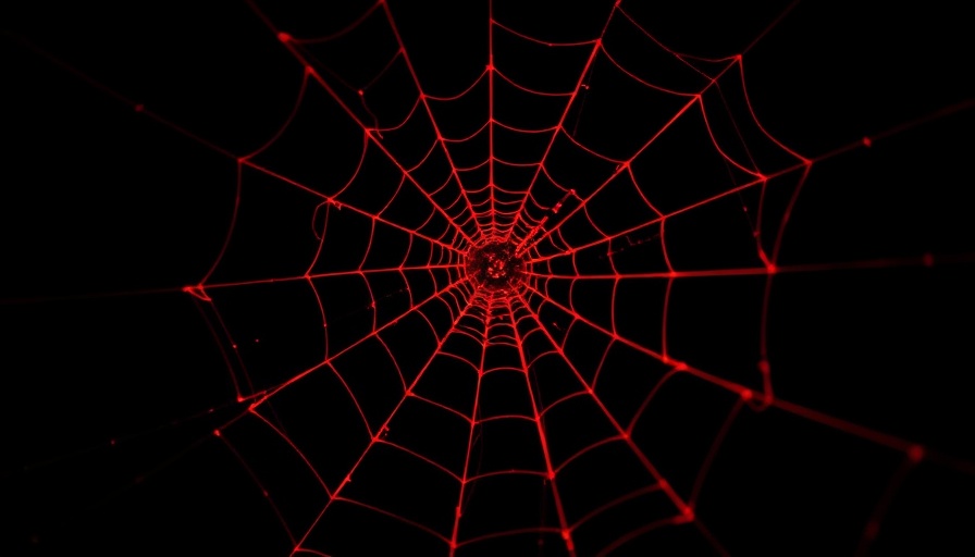Glowing red spider web crafted from gene-hacked spider silk.