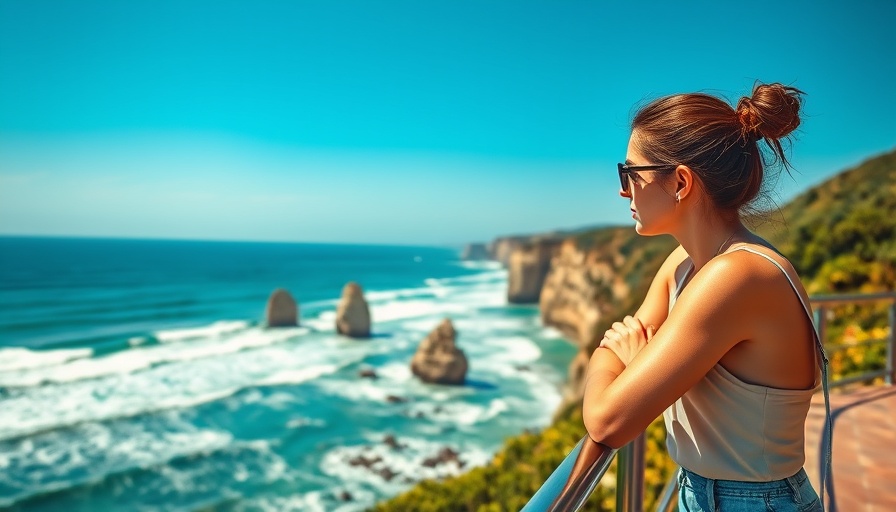 Woman gazing at ocean from a balcony, enjoying the scenic view.