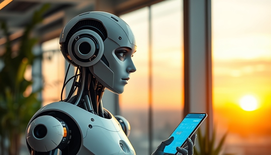 Futuristic robot in office analyzing ethical AI guidelines at sunset.
