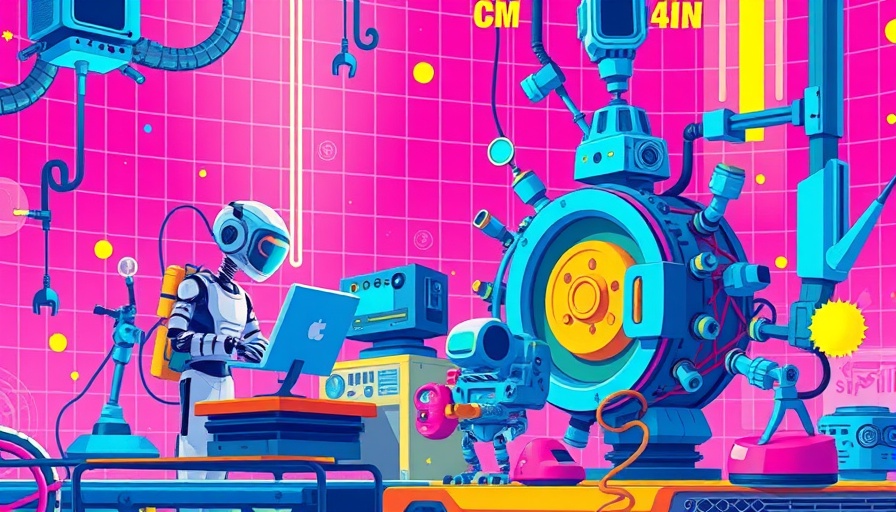 Futuristic AI engineers operating machinery, abstract colorful setting, AI’s energy use.