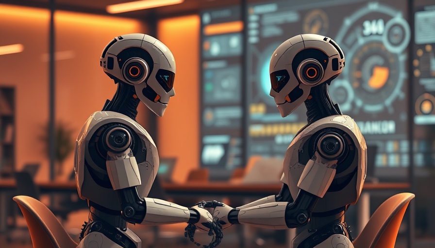 Futuristic robots discussing AI Model Switching in a modern office.