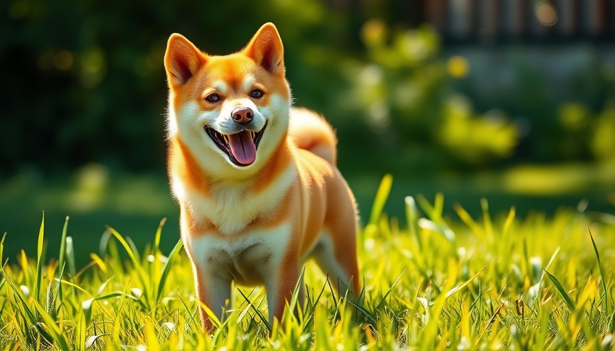 Shiba Inu dog on green grass with sunny backdrop.
