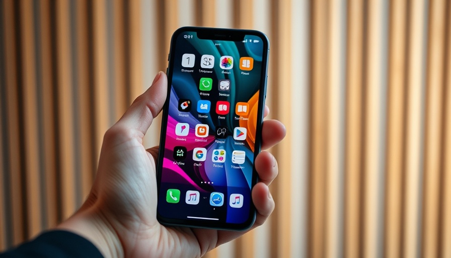 Modern smartphone, colorful screen, held indoors.