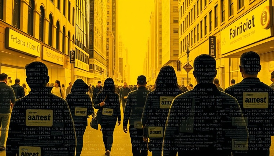 Collage showing data-themed silhouettes in crowded street, fair welfare AI experiment.