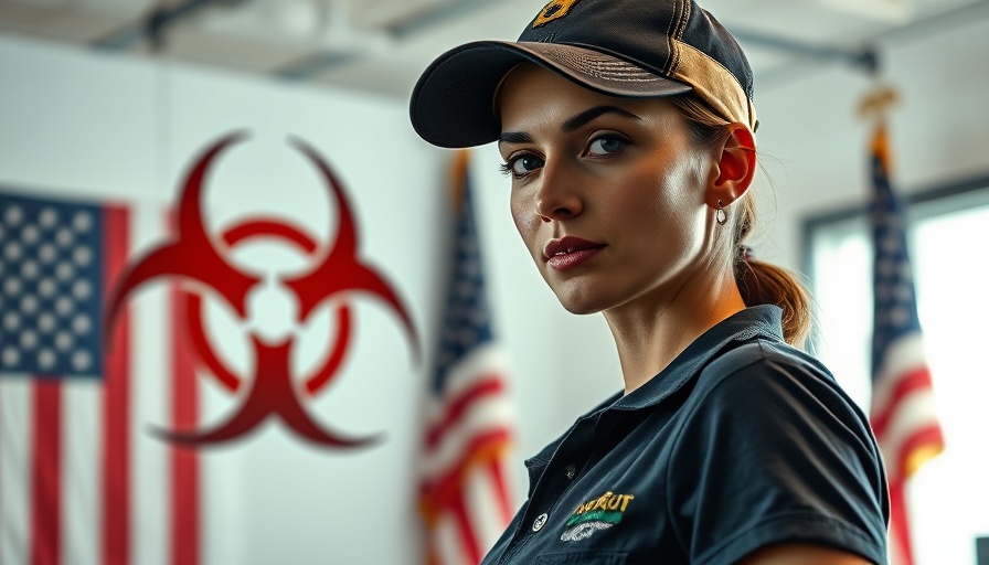 Woman in cap next to biohazard symbol during lab visit