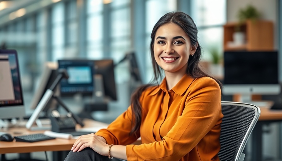 Confident young woman in modern office setting, improve online learning.