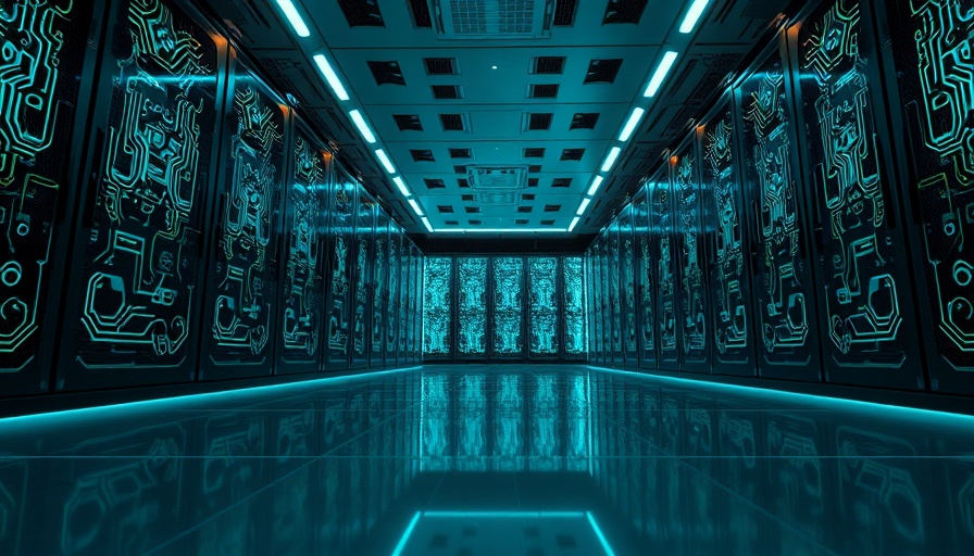 Futuristic server room with circuit patterns in teal lighting, representing AI energy consumption transparency.