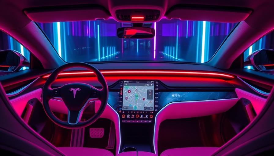Futuristic interior of Tesla robotaxi with neon background.