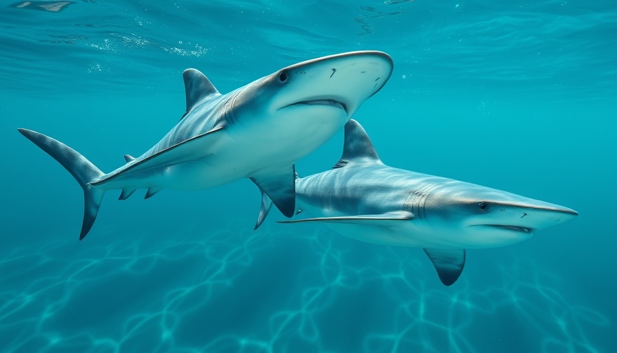 Two blue sharks swimming gracefully in underwater photography.