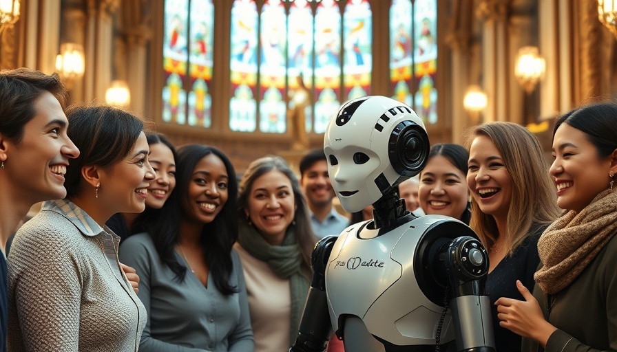 AI for Churches: Diverse group engaging with robot in church.
