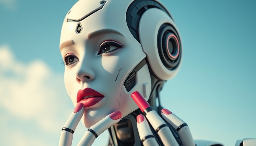 Humanoid robot applying lipstick under clear sky, AI in Business