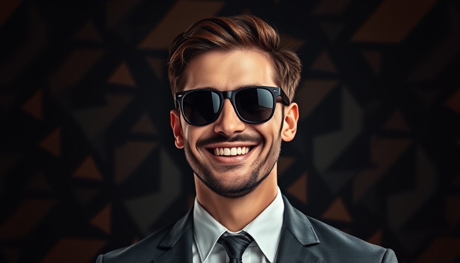 Person smiling in sunglasses with abstract background.